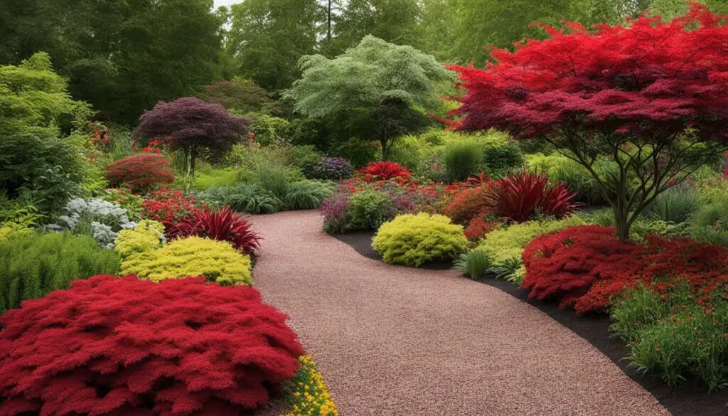 jardin avec plantes vivaces feuillage rouge
